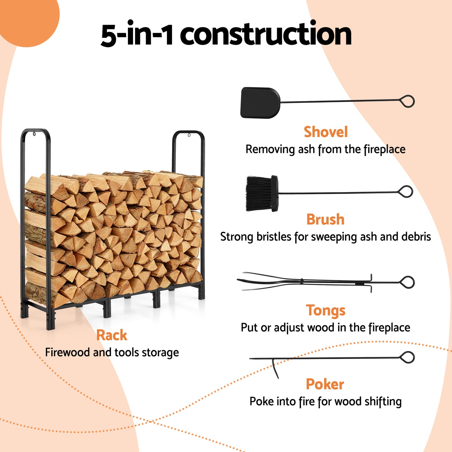 Gardeon Firewood Rack 120cm Wood Rack 3 Sizes Firewood Storage with Tools Black