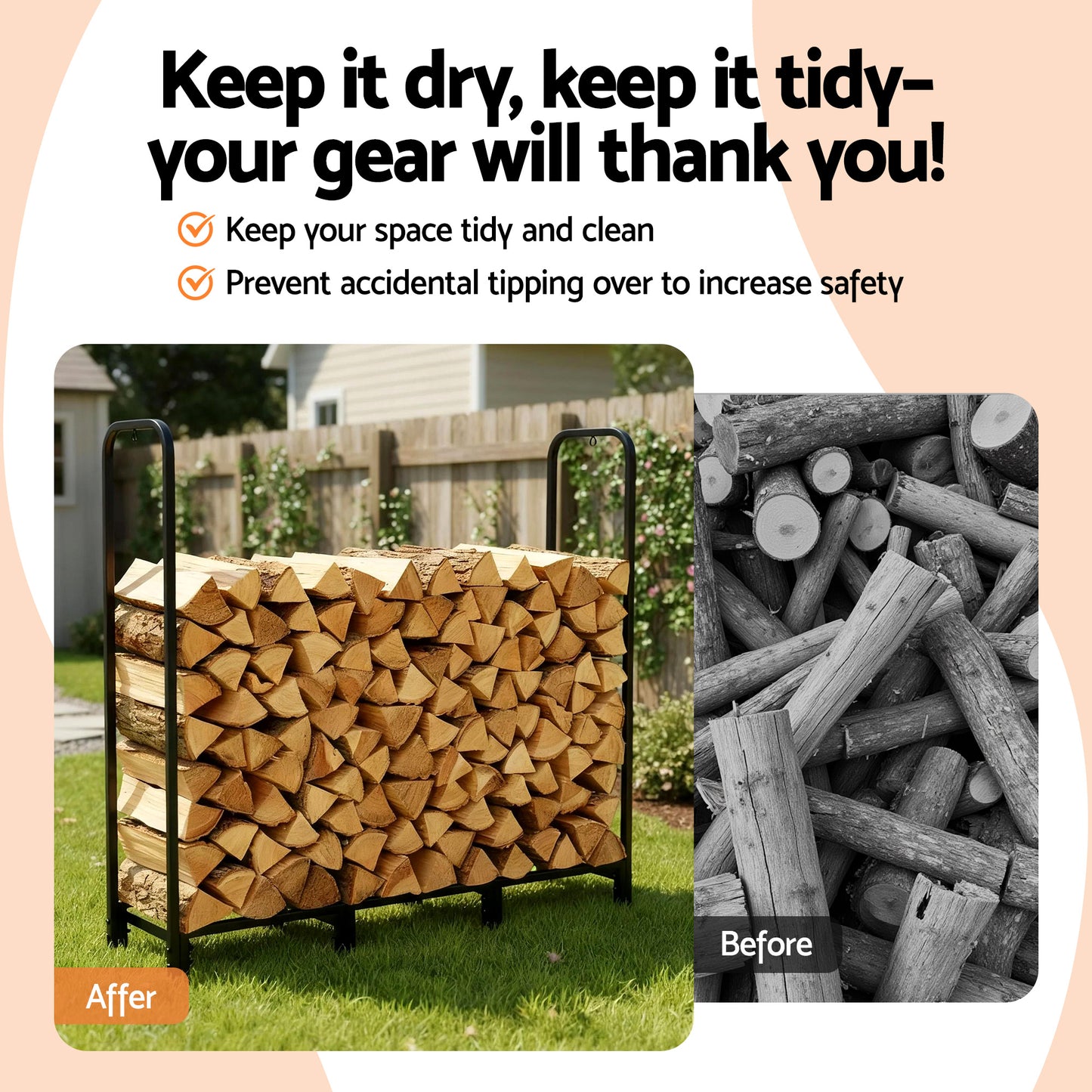 Gardeon Firewood Rack 120cm Wood Rack 3 Sizes Firewood Storage with Tools Black