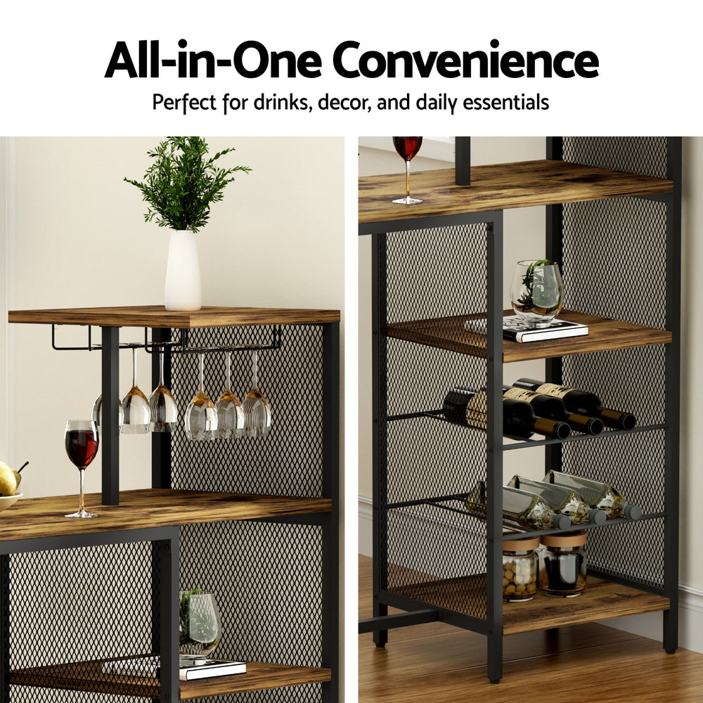 Artiss Industrial Bar Table with Wine Rack Cup Holder Multi-Level Storage 122cm Walnut
