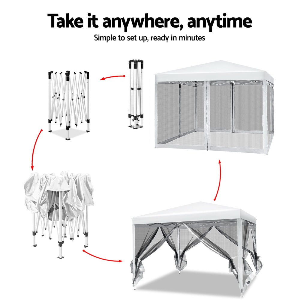 Instahut Gazebo Pop Up Marquee 3x3m Wedding Party Outdoor Camping Tent Canopy Shade Mesh Wall White