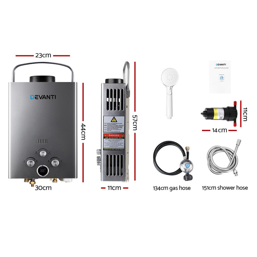 Devanti Portable Gas Water Heater With Pump LPG System Grey
