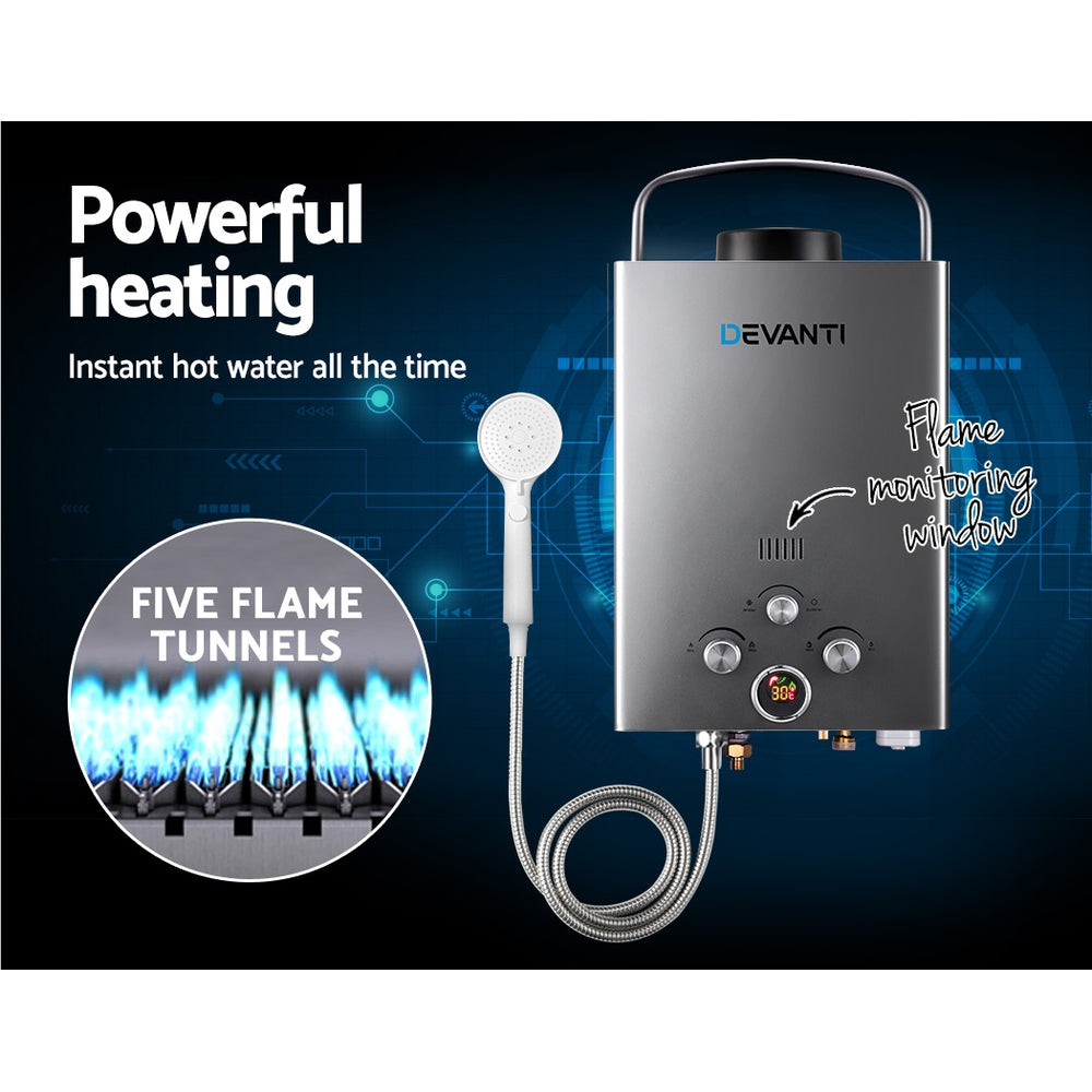 Devanti Portable Gas Water Heater With Pump LPG System Grey