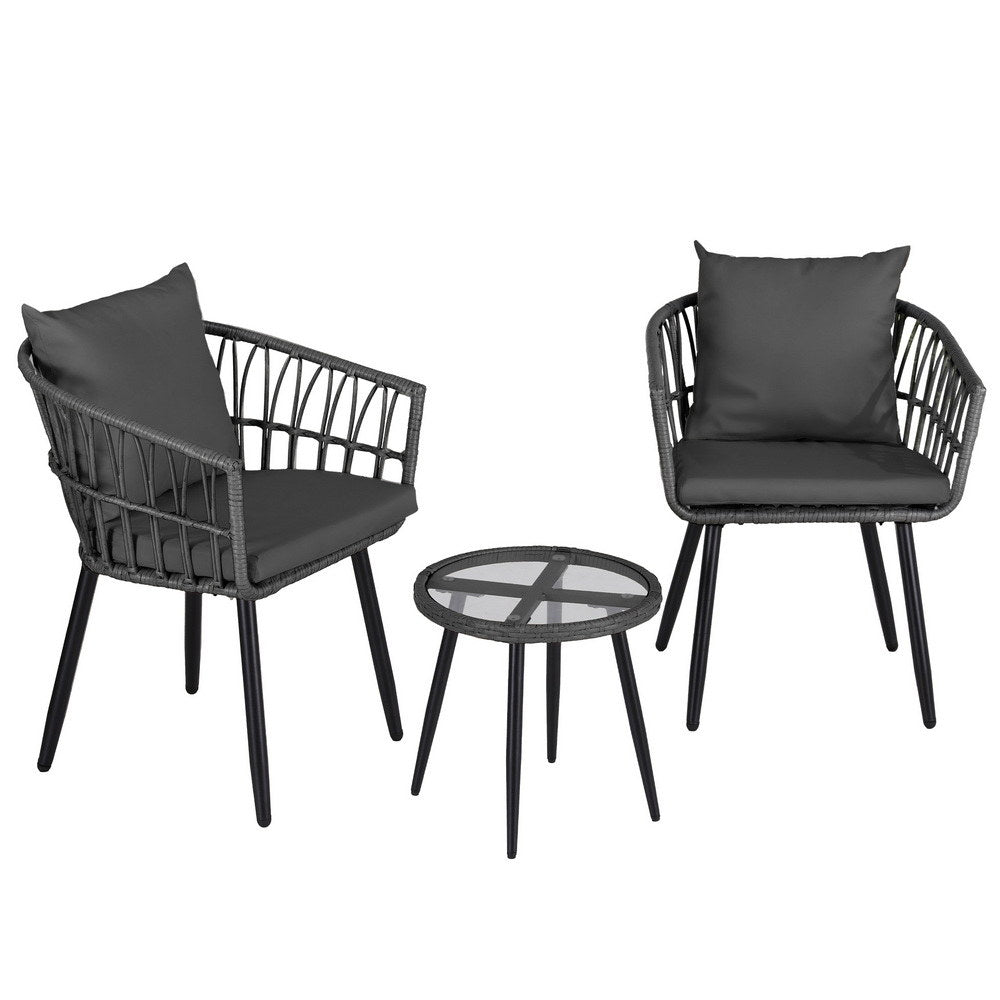 Gardeon 3PC Outdoor Bistro Set Patio Furniture Lounge Setting Table and Chairs Grey