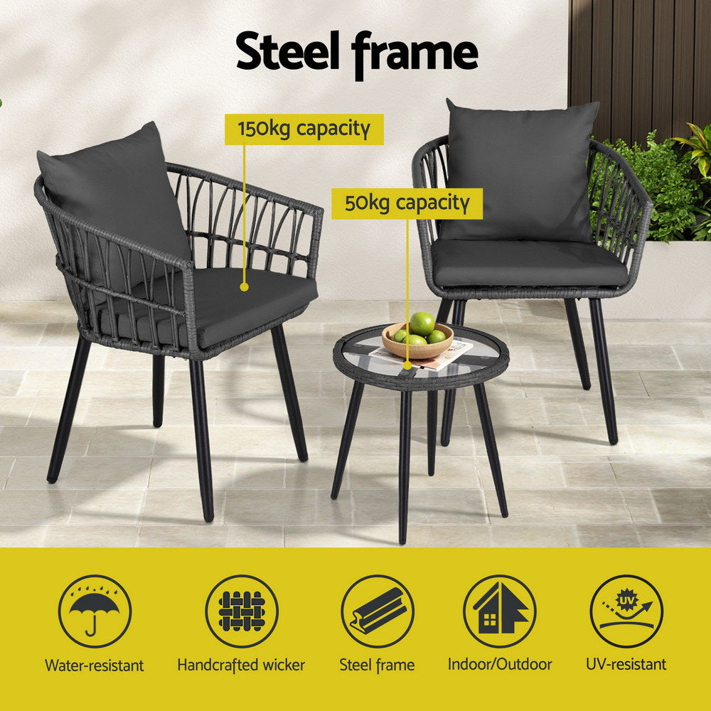 Gardeon 3PC Outdoor Bistro Set Patio Furniture Lounge Setting Table and Chairs Grey
