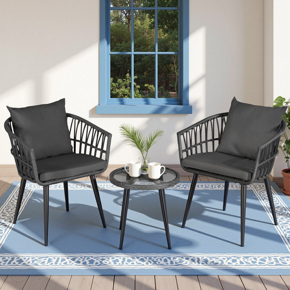 Gardeon 3PC Outdoor Bistro Set Patio Furniture Lounge Setting Table and Chairs Grey
