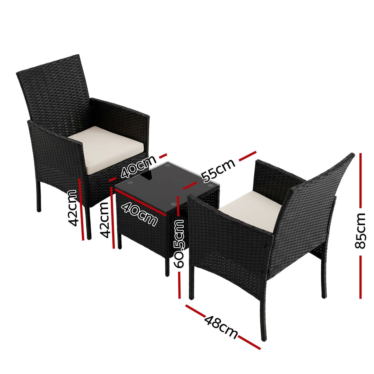 Gardeon 3PC Outdoor Bistro Set Patio Furniture Wicker Setting Chairs Table Cushion Black