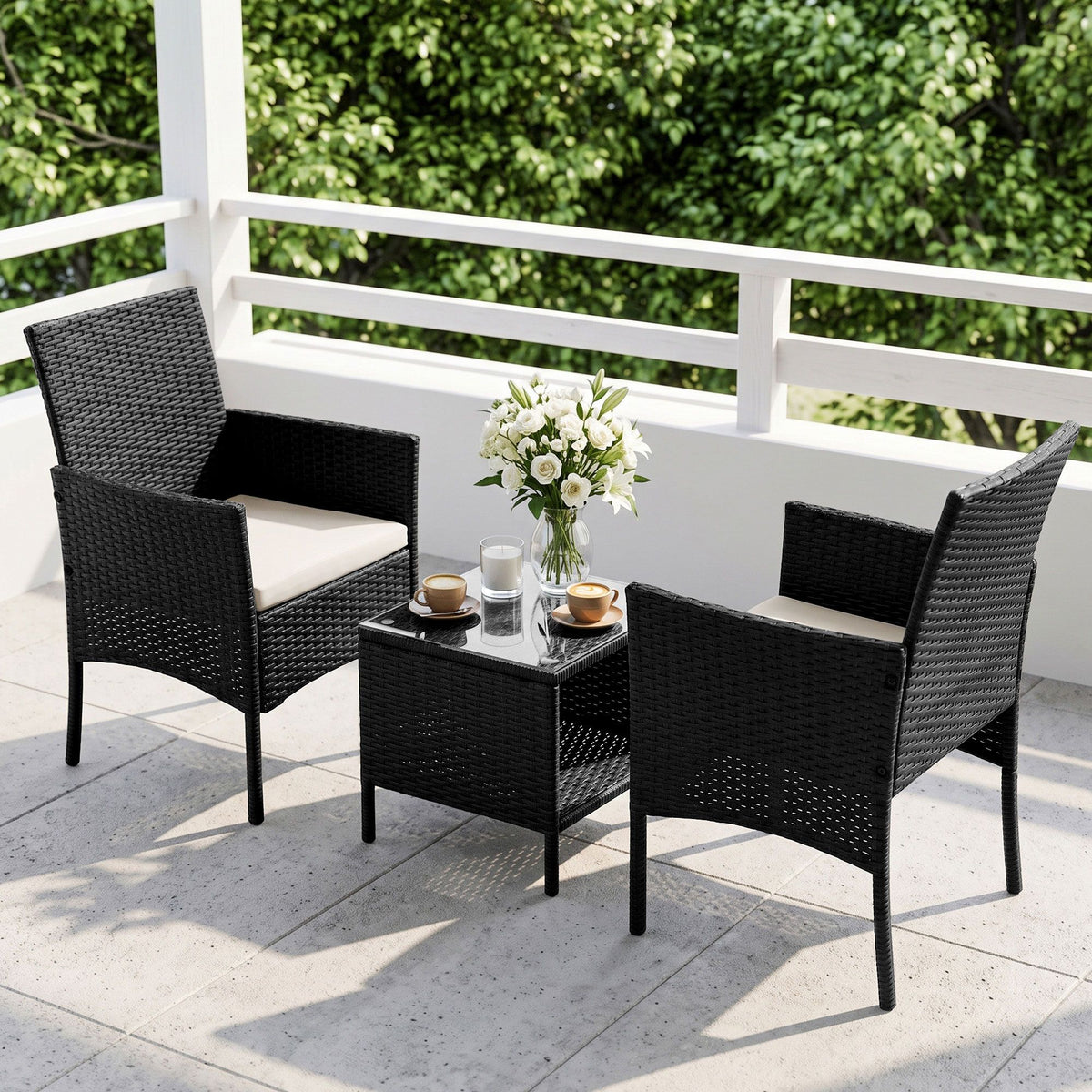 Gardeon 3PC Outdoor Bistro Set Patio Furniture Wicker Setting Chairs Table Cushion Black