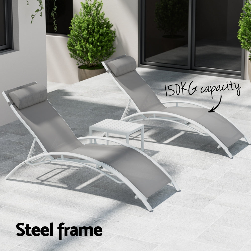 Gardeon 3PC Sun Lounge Outdoor Lounger Table Chairs Steel Patio Furniture Garden