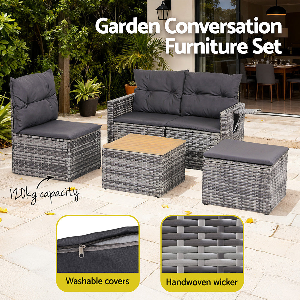 Gardeon 5 Pieces Outdoor Sofa Set 4-Seater Grey Rattan Patio Furniture Table and Chair Setting