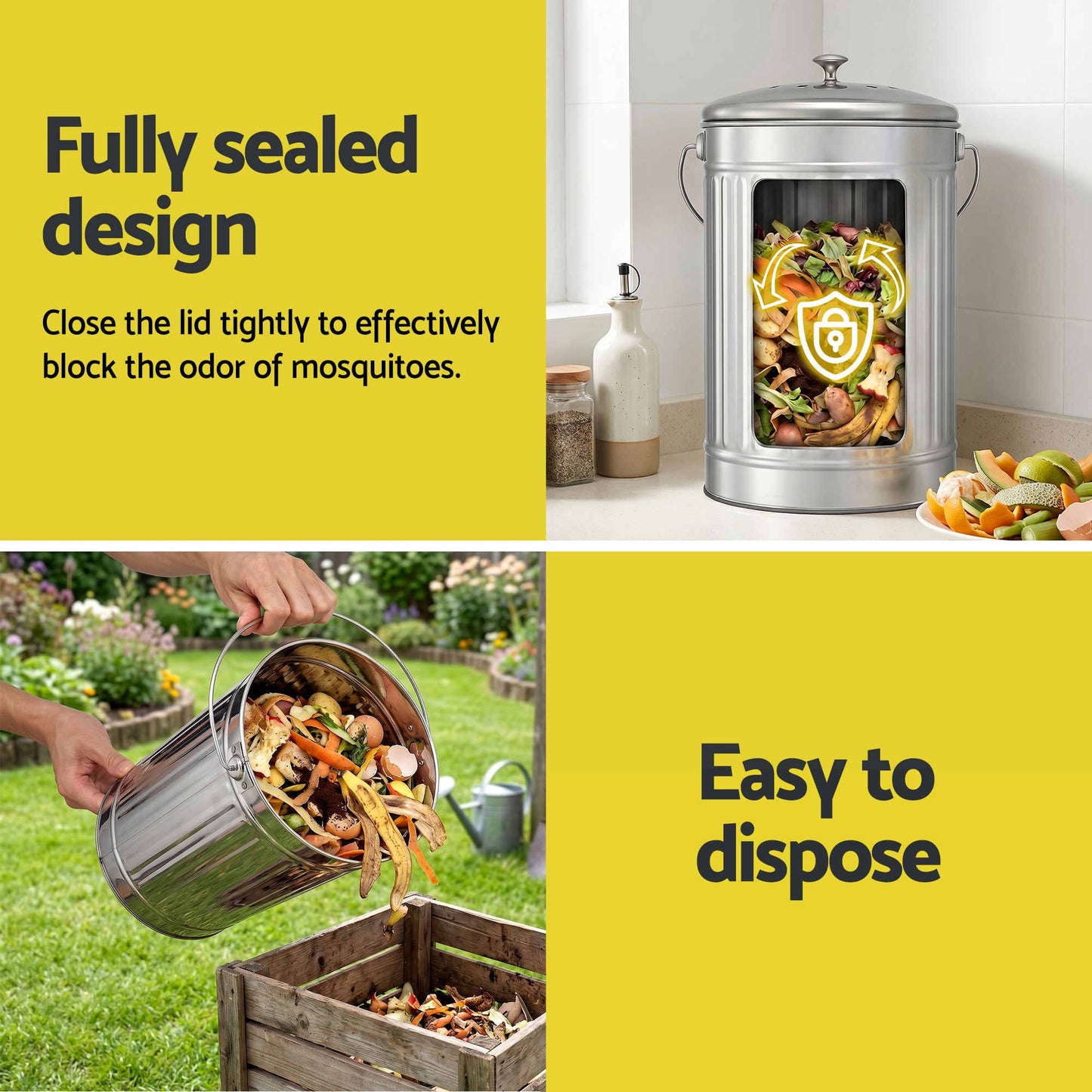 Gardeon Compost Bin Kitchen Countertop Food Waste Caddy 6L Silver