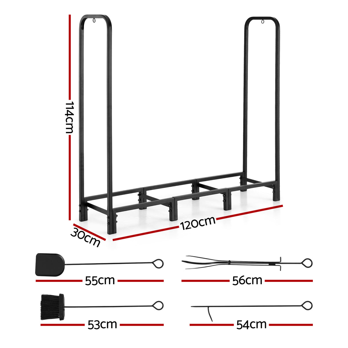 Gardeon Firewood Rack 120cm Wood Rack 3 Sizes Firewood Storage with Tools Black