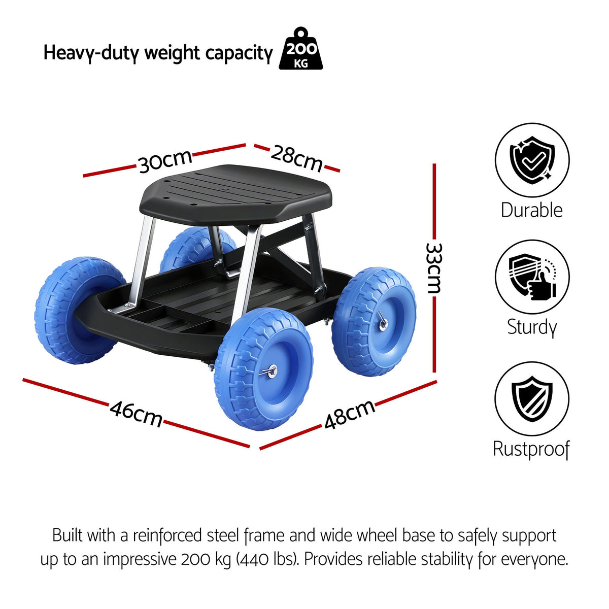 Gardeon Garden Cart Seat with Wheels, Rolling Work Stool with Tool Storage Tray, 440lbs (200kg) Heavy Duty Capacity Garden Stool for Outdoor Yard Work, Car Detailing, and Garage Maintenance, Blue/Black