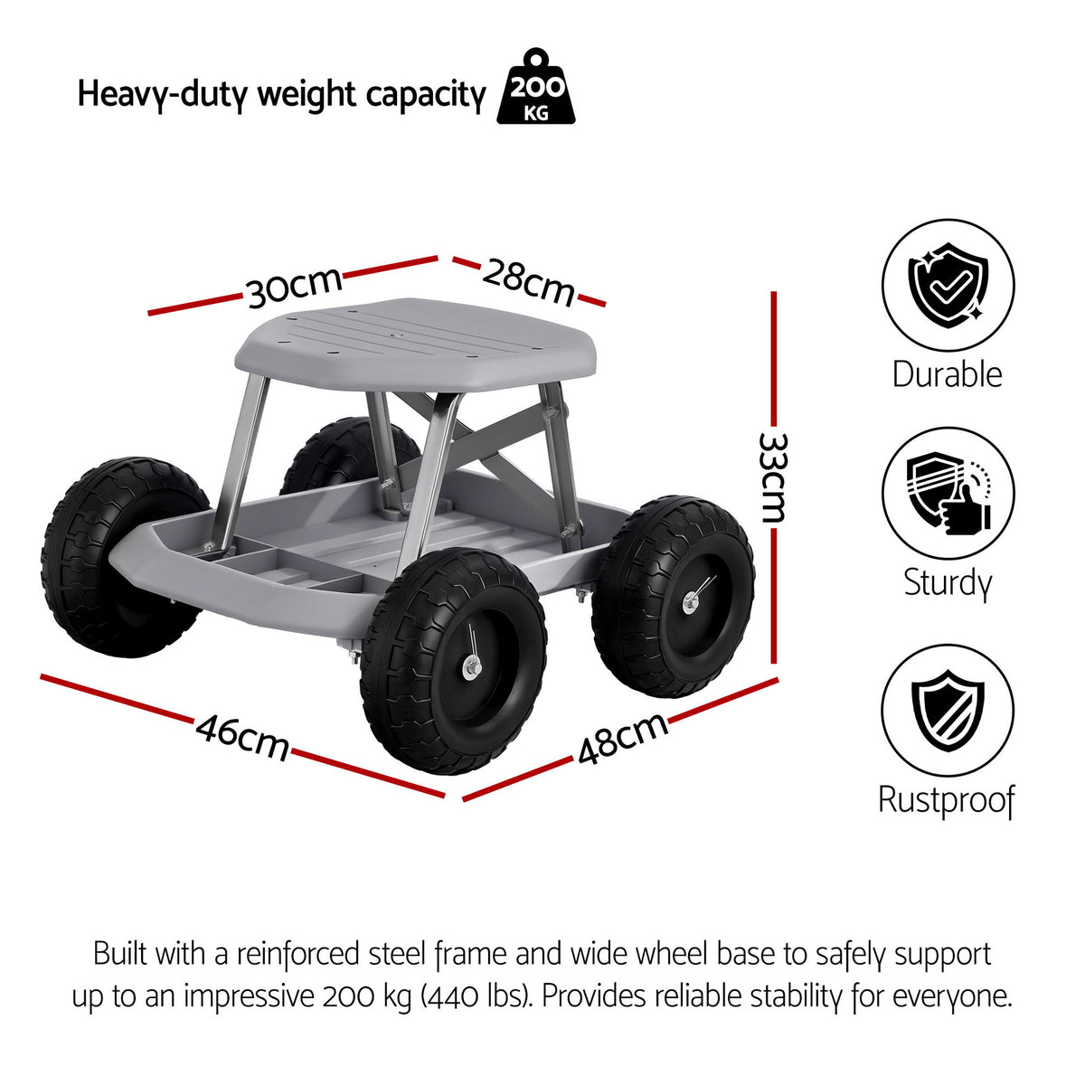 Gardeon Garden Cart Seat with Wheels, Rolling Work Stool with Tool Storage Tray, 440lbs (200kg) Heavy Duty Capacity Garden Stool for Outdoor Yard Work, Car Detailing, and Garage Maintenance, Grey/Black