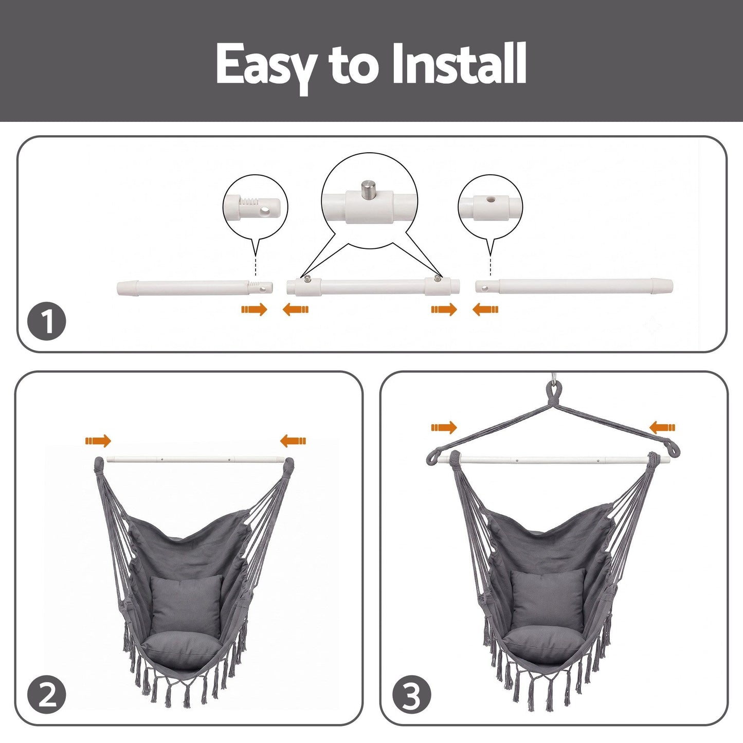 Gardeon Hammock Chair Camping Macrame Hanging Swing Cushions Metal Bar Grey