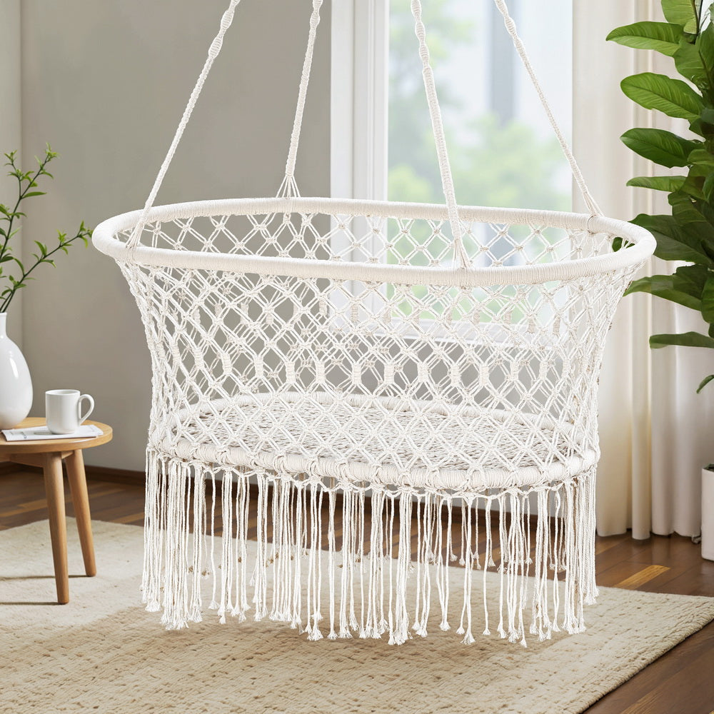 Gardeon Hammock Chair Cotton Swing Chair Outdoor Indoor Cream