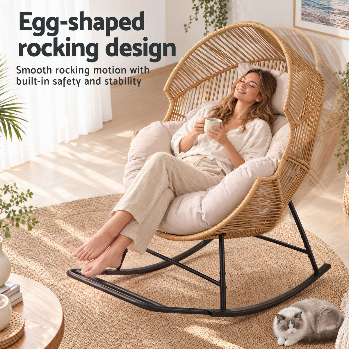 Gardeon Outdoor Egg Rocking Chair Rattan Lounger with Thick Cushion Patio Furniture Natural