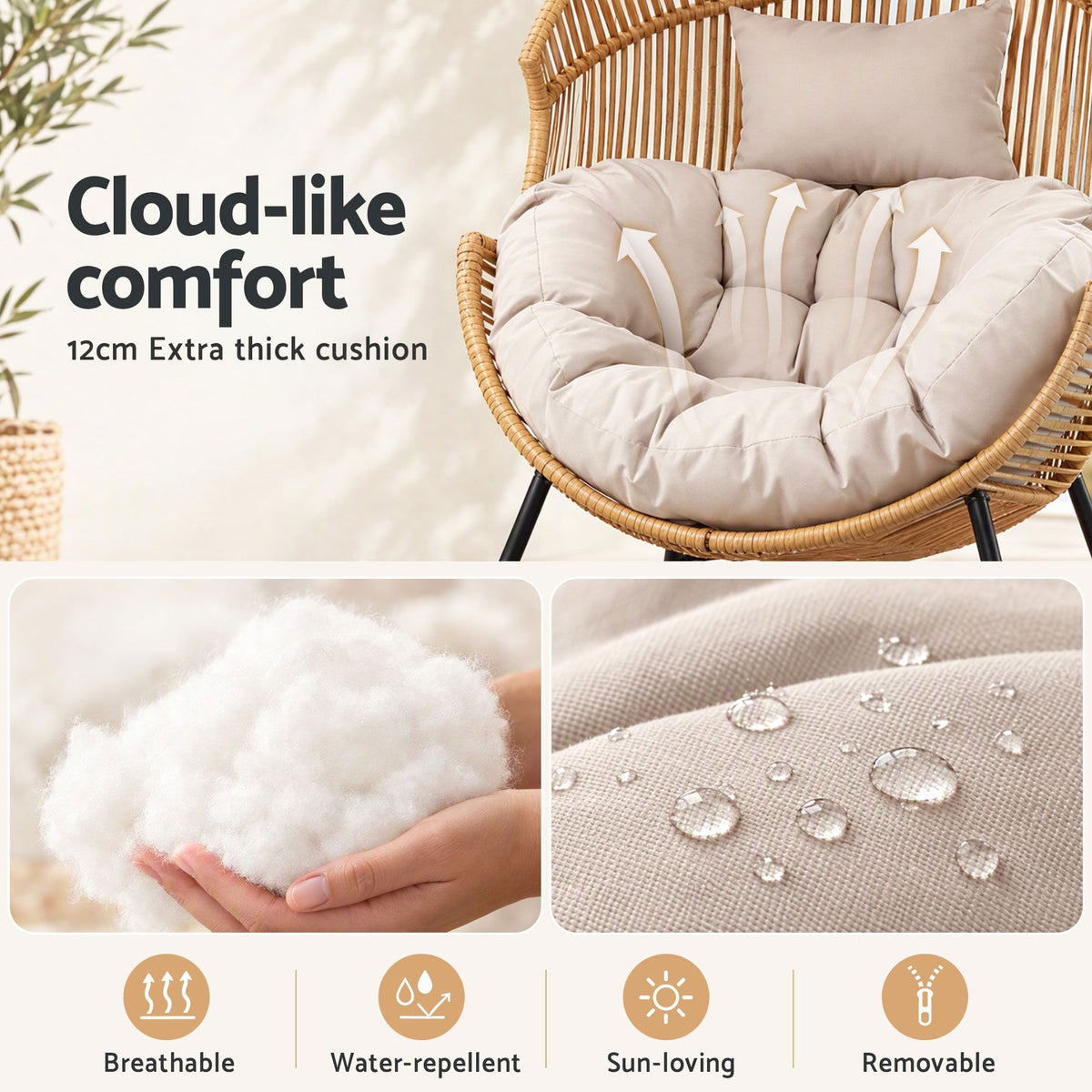 Gardeon Outdoor Egg Rocking Chair Rattan Lounger with Thick Cushion Patio Furniture Natural