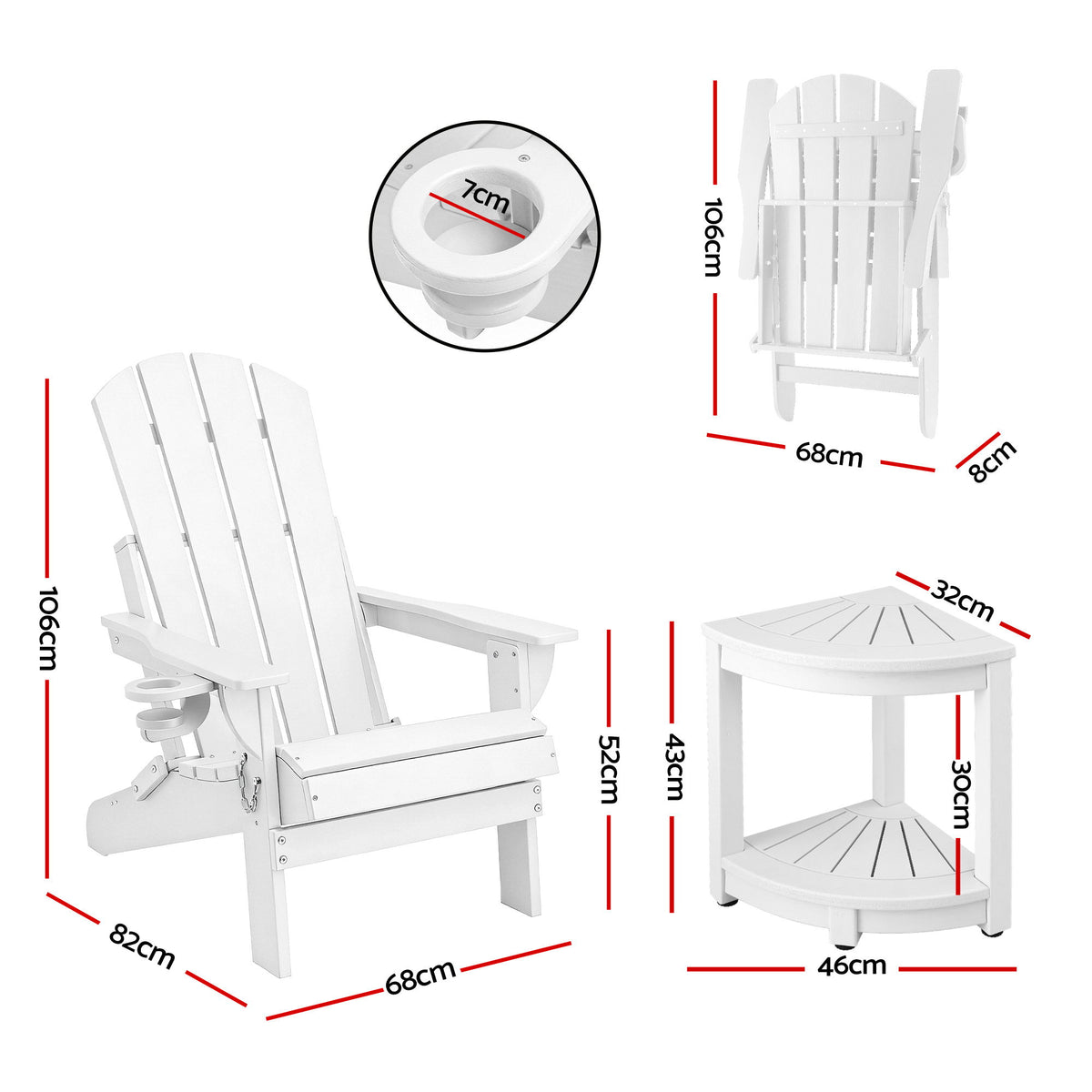 Gardeon Outdoor Table and Chairs HDPE Folding Adirondack Beach Chair Patio Furniture White