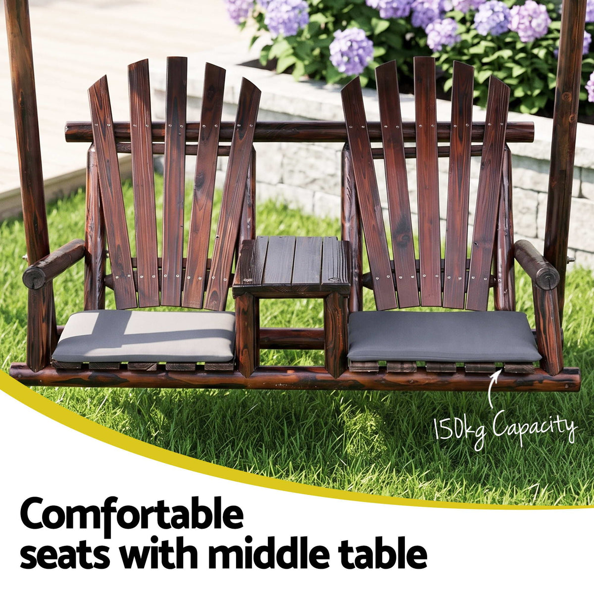 Gardeon Outdoor Wooden Swing Chair with Canopy Middle Table Charcoal