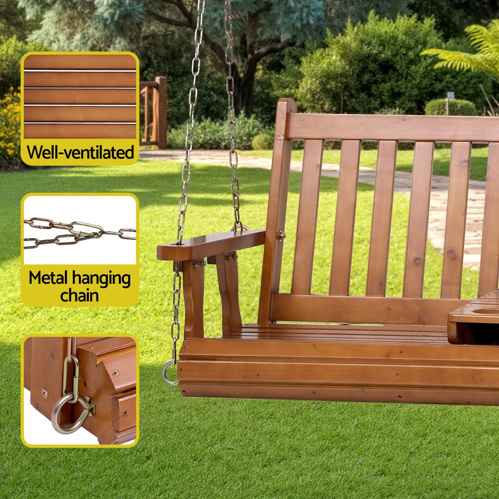 Gardeon Porch Outdoor Swing Chair Patio Furniture Wooden Bench 2 Seat Cup Holder