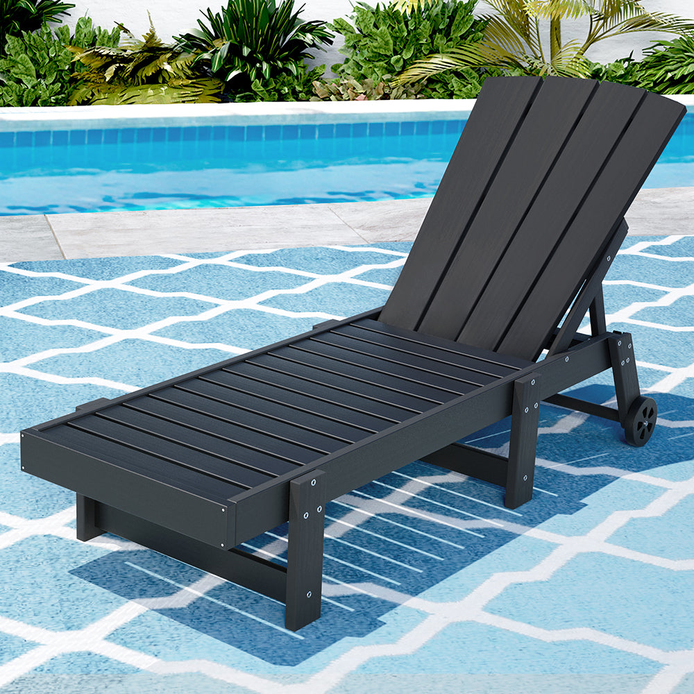 Gardeon Sun Lounge Beach Chair HDPE Adirondack Lounger Patio Outdoor Furniture with Wheels Black