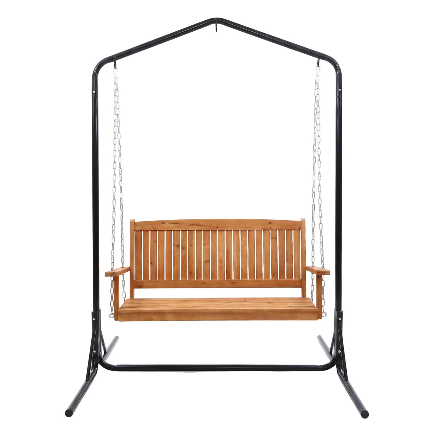 Gardeon Wooden 2-Seater Outdoor Swing Chair with Black Stand Hanging Chair Patio Furniture