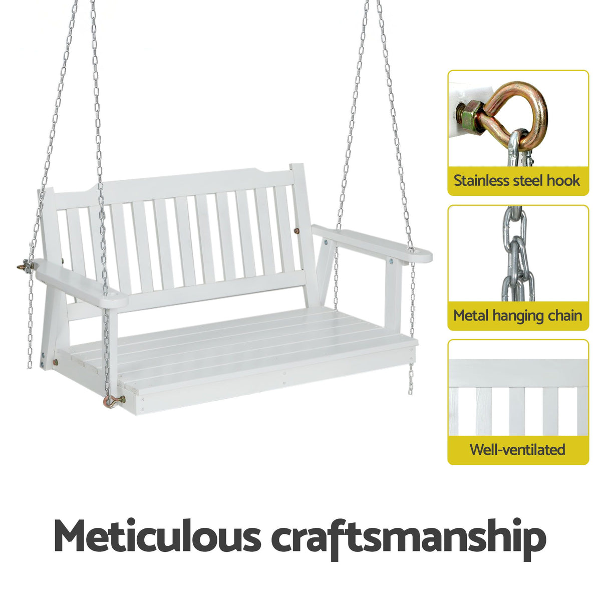 Gardeon Wooden 2-Seater Outdoor Swing Chair with Black Stand White Hanging Chair