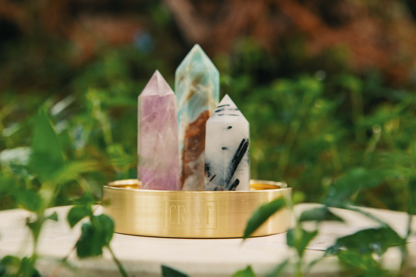 Gemini Crystal Trio - Caribbean Calcite, Tourmaline Quartz + Amethyst