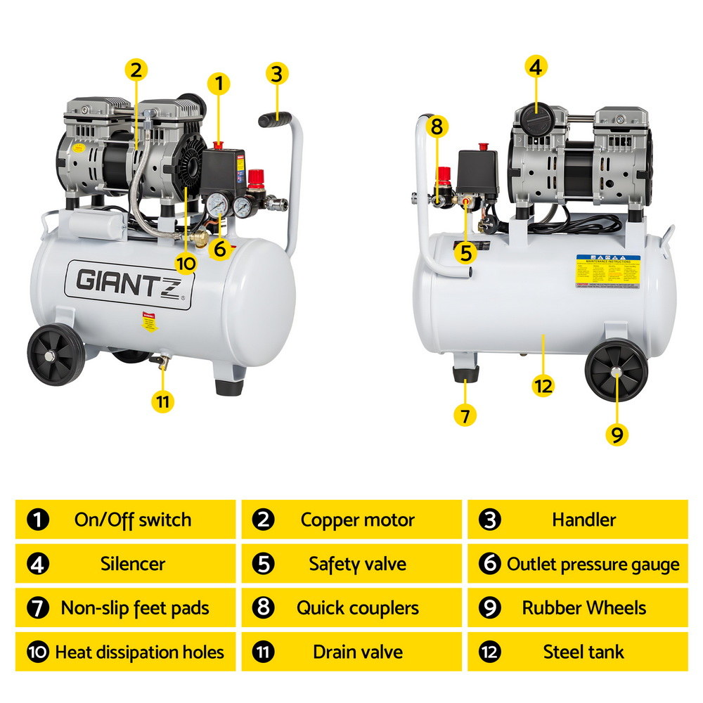 Giantz 24L Air Compressor Quiet 0.75HP Oil-Free Portable Tyre Inflator 40L/Min