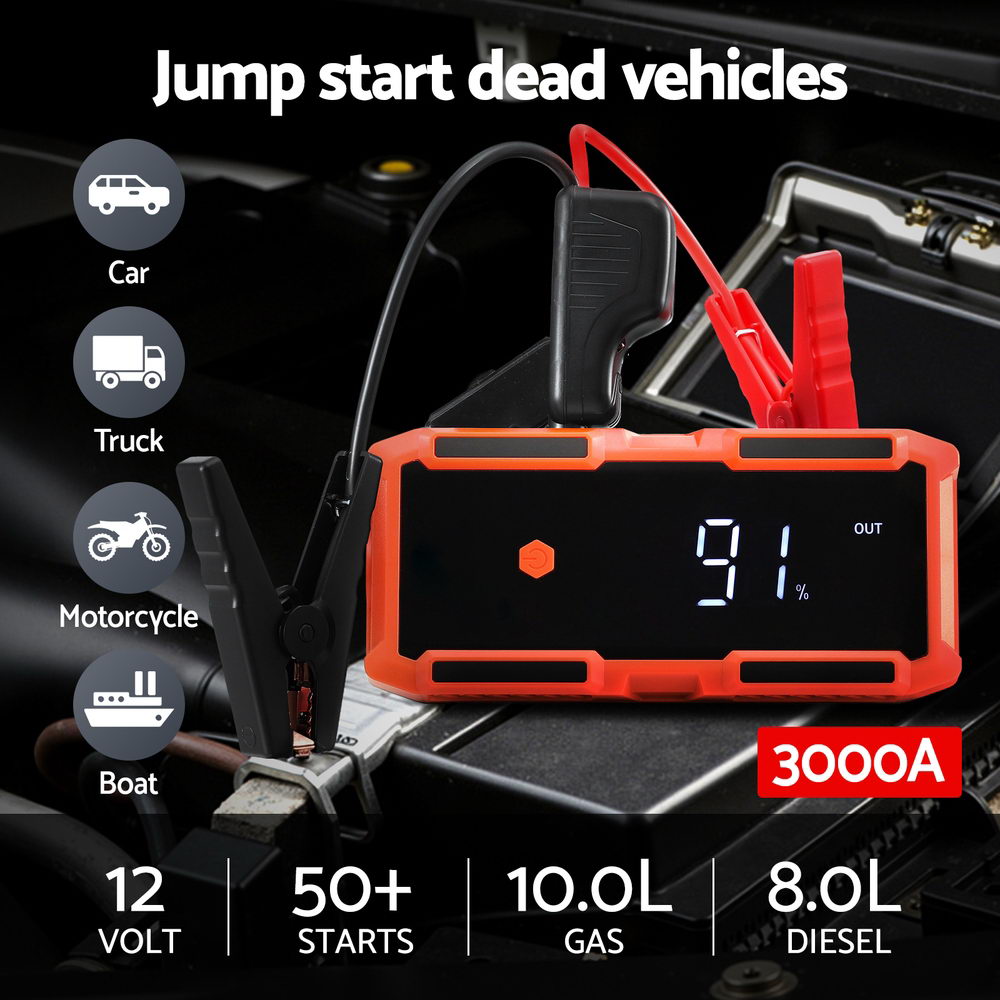 Giantz 3000A Portable Car Jump Starter 12V Lithium Battery Booster Pack Power Bank & Jumper Cables