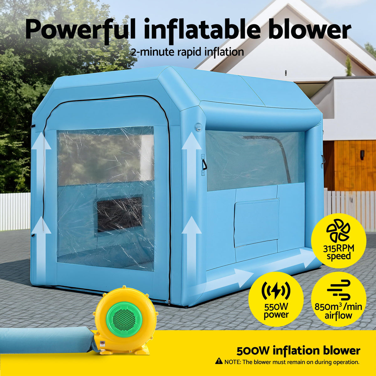 Giantz Inflatable Paint Booth 2.5X2.5X3M Inflatable Spray Booth with 550W Powerful Blower and Air Filter System, Round Roof with Light Hook, for Painting Bicycle, Motorcycle, Furniture Refinishing DIY