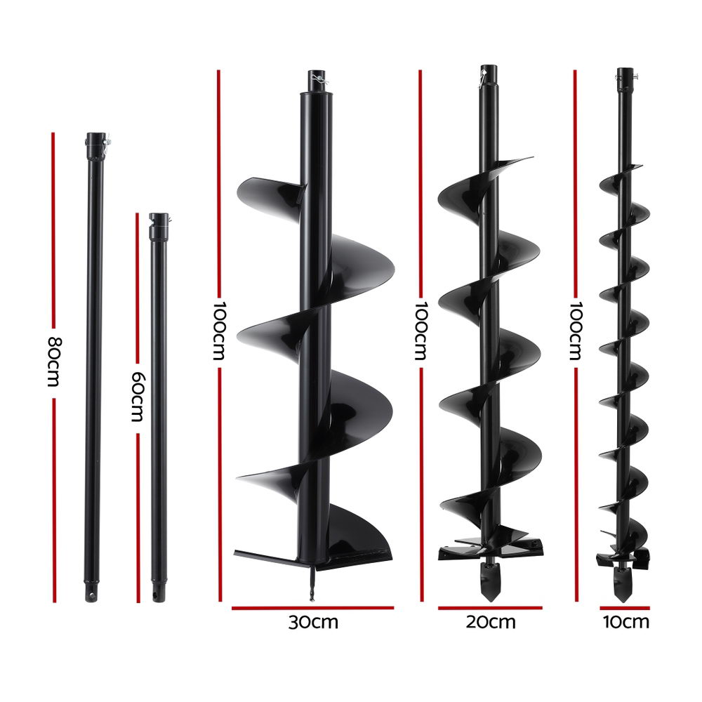 Giantz Post Hole Digger Auger Drill Bit Set 100mm 200mm 300mm Carbon Steel Black