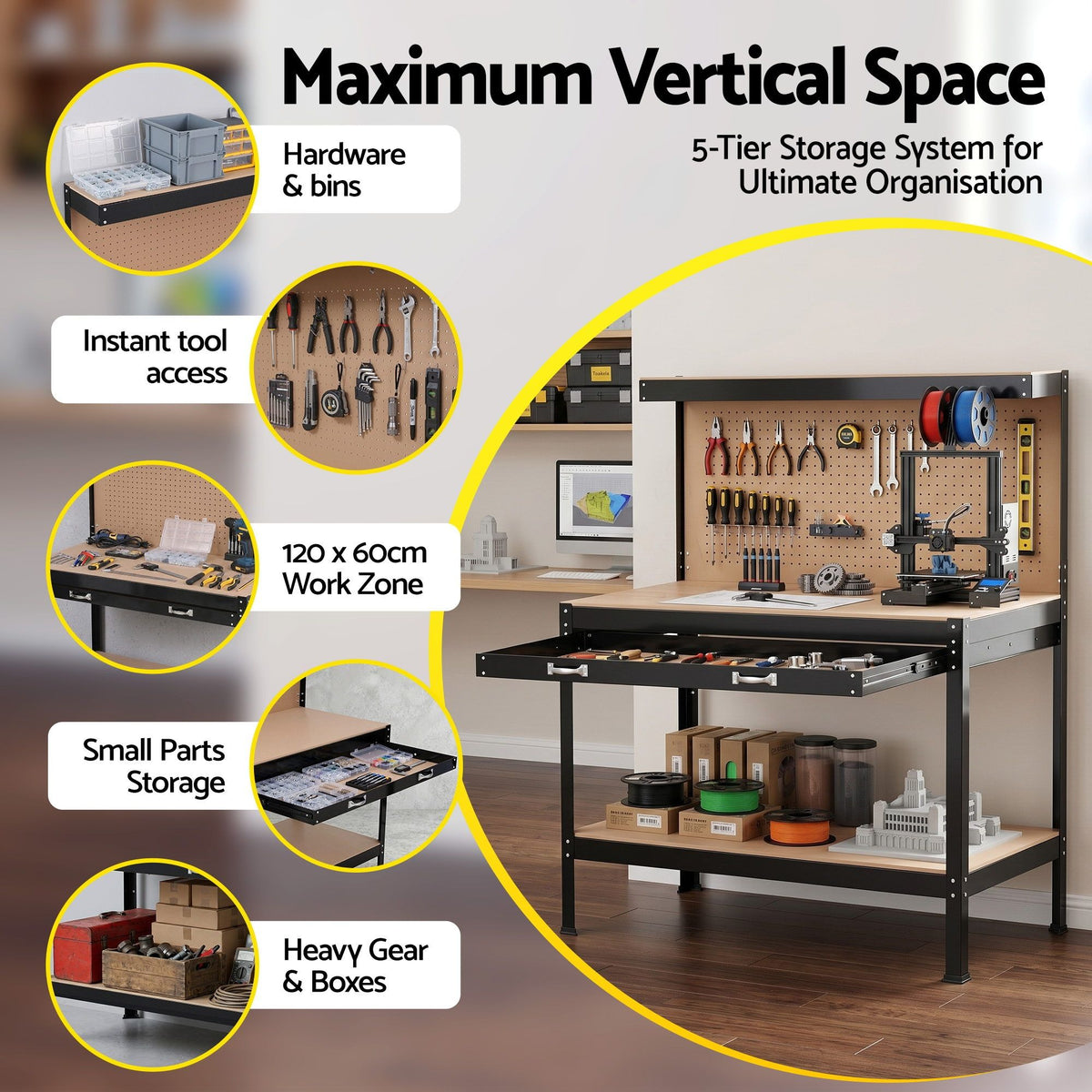 Giantz Workbench with Pegboard and Ultra-Wide 120cm Work Table for Garage DIY, 20 Hooks