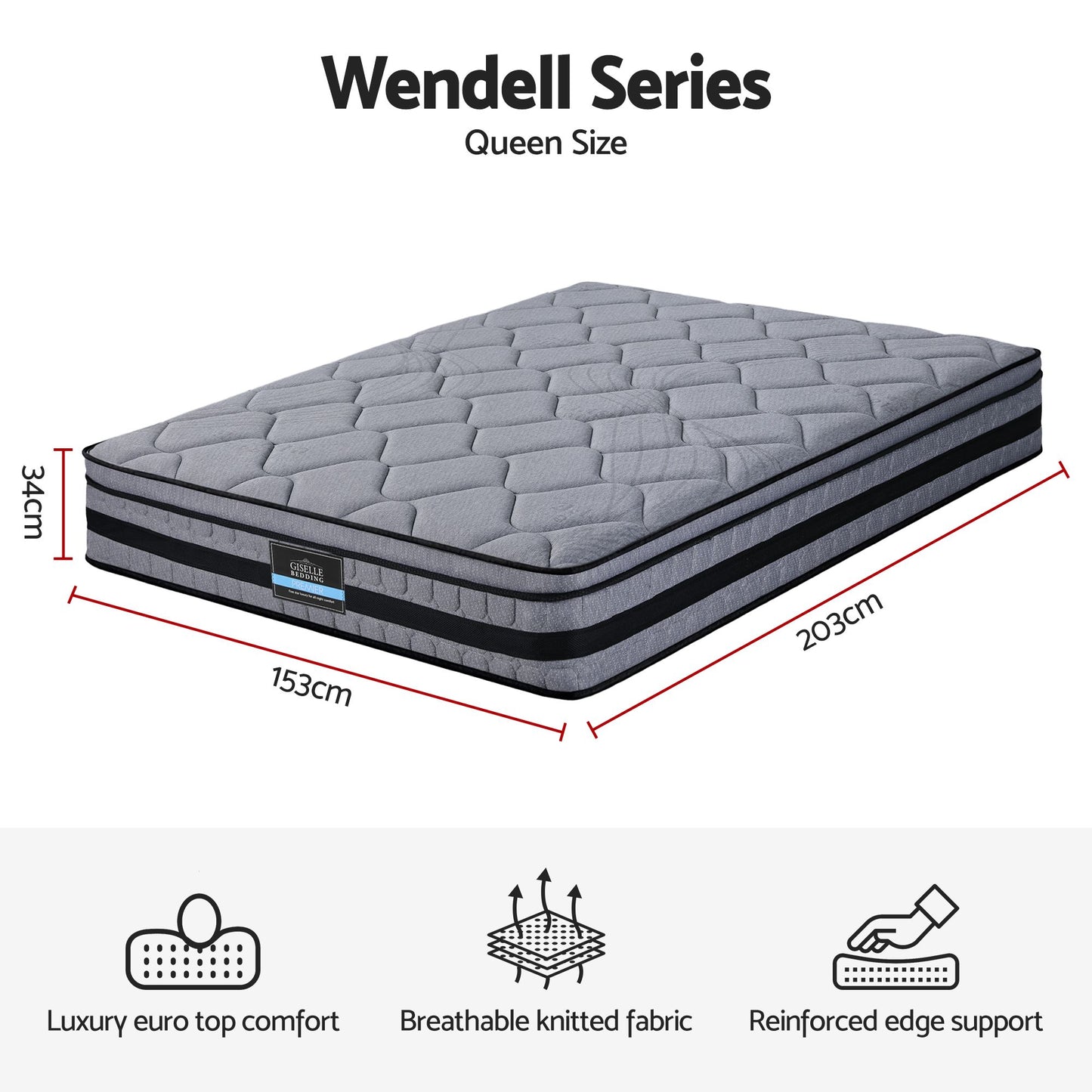 Giselle Bedding 34cm Queen Mattress Hybrid, Pocket Spring Bed Mattress