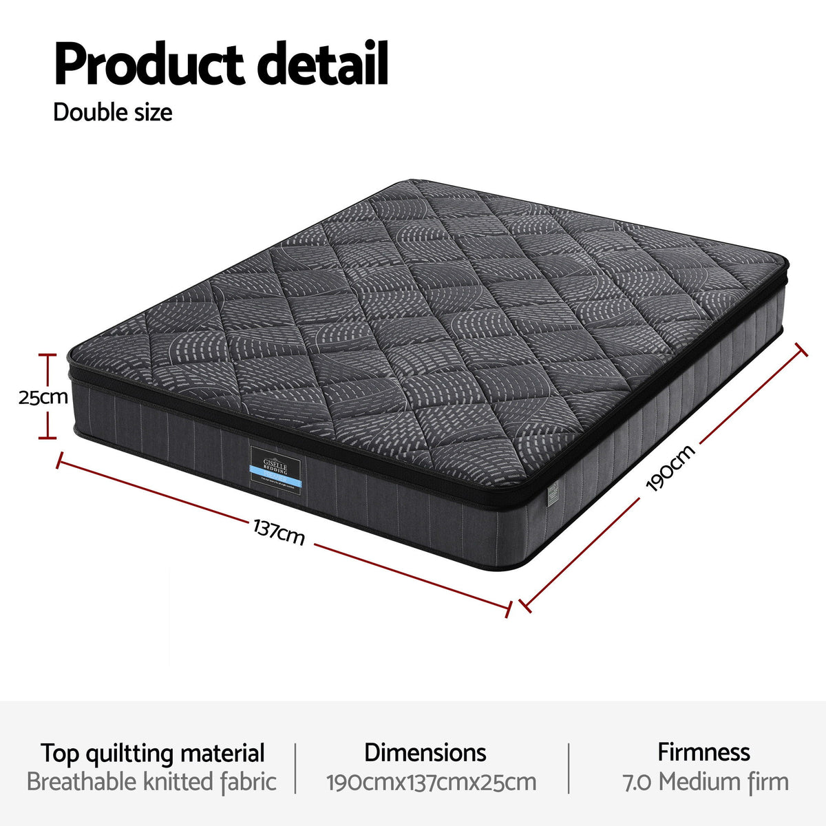 Giselle Bedding Double Mattress 25cm Pocket Spring Latex Euro Top Medium Firm Bed