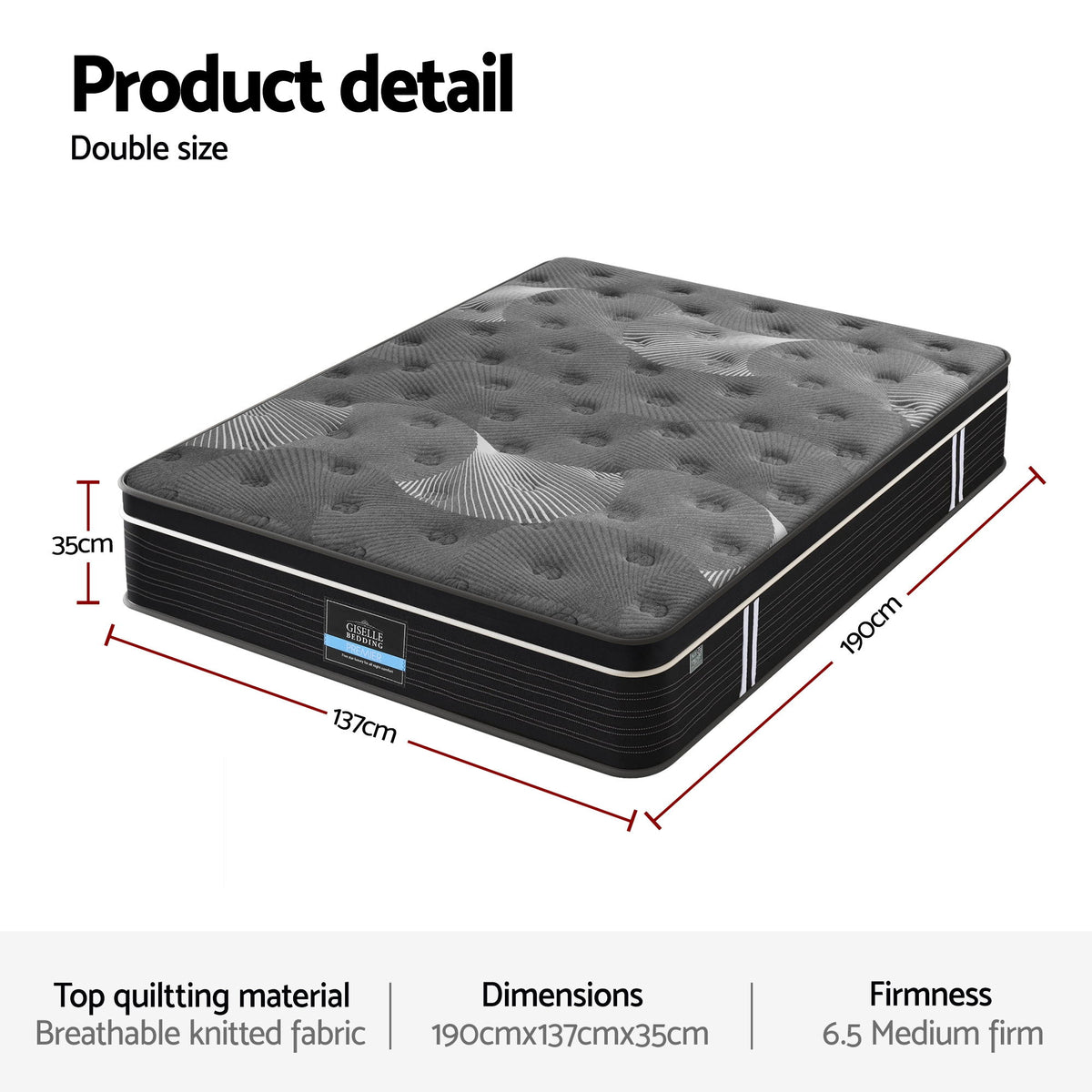 Giselle Bedding Double Mattress 35cm Euro Top with Graphene Cooling Comfort Medium Firm