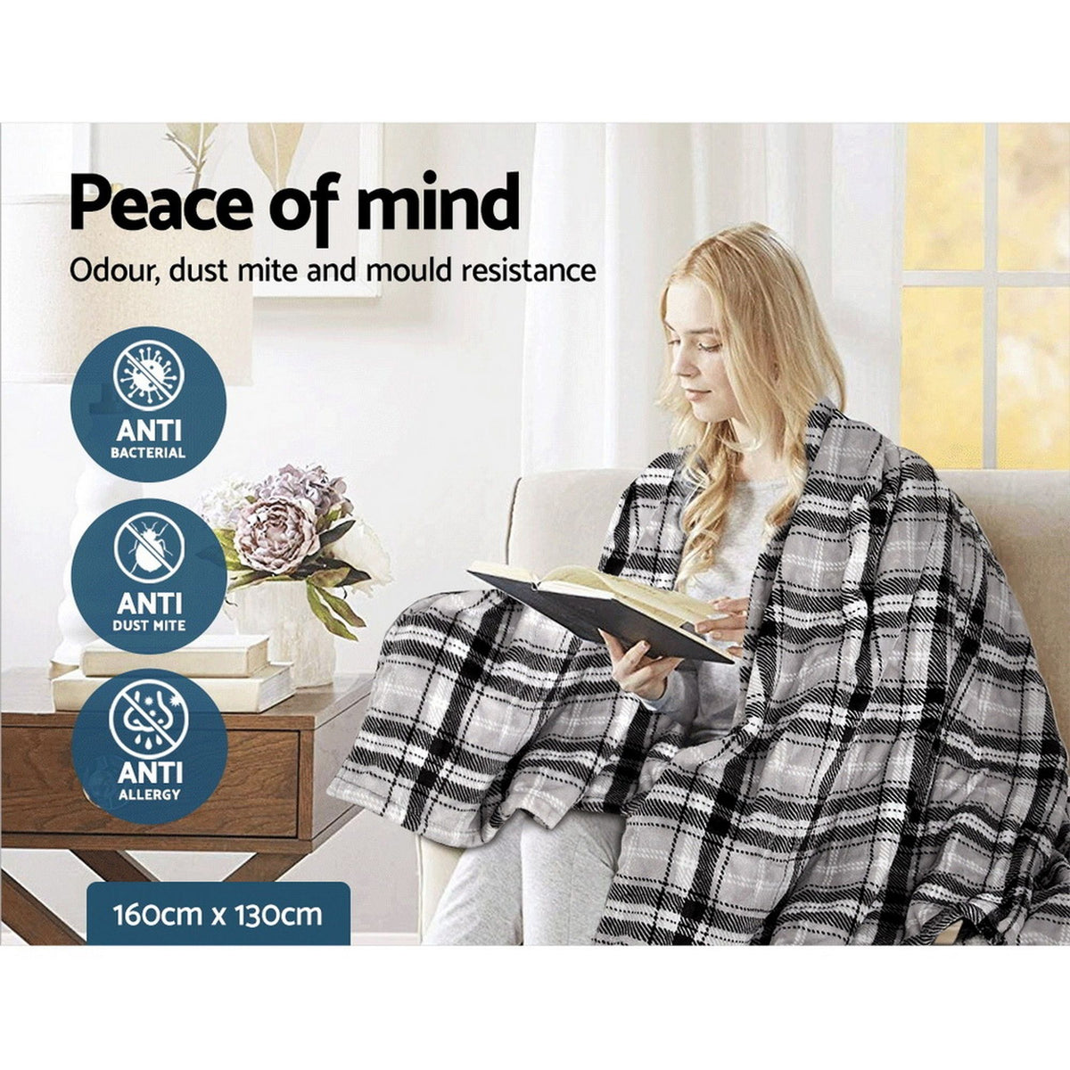 Giselle Bedding Electric Throw Rug Flannel Snuggle Blanket Washable Heated Grey and White Checkered