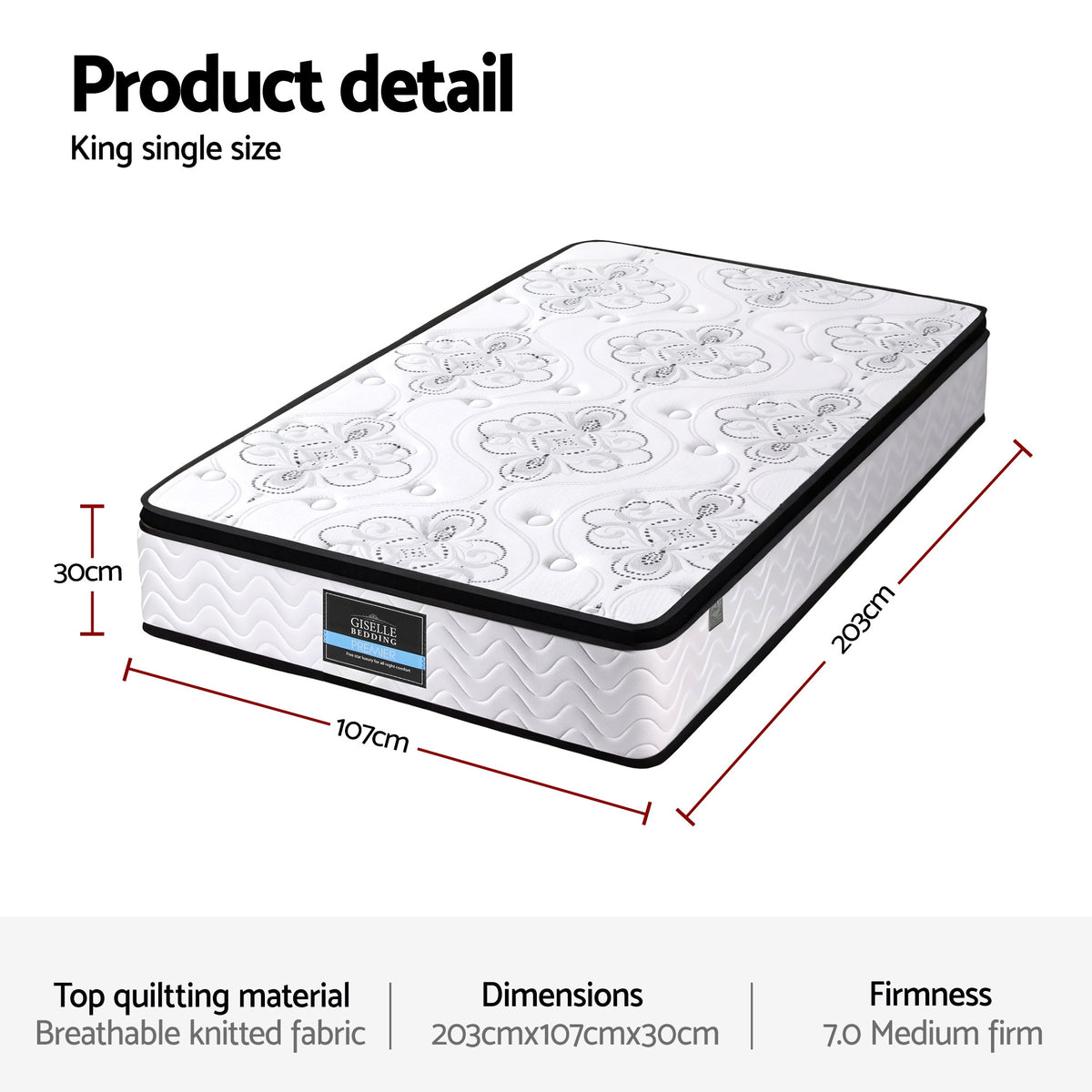 Giselle Bedding King Single Mattress 30cm Pocket Spring Euro Top Medium Firm Foam