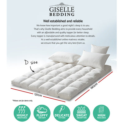 Giselle Bedding Pillowtop Mattress Topper 5cm Thick Pad for Back Pain Relief Washable Underlay Protector 1000GSM Microfibre Filling 45cm Deep Pocket Double