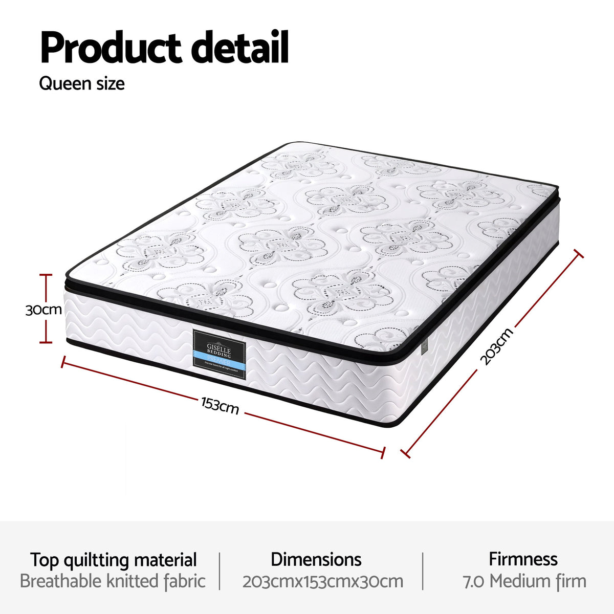 Giselle Bedding Queen Mattress 30cm Pocket Spring Euro Top Medium Firm Foam