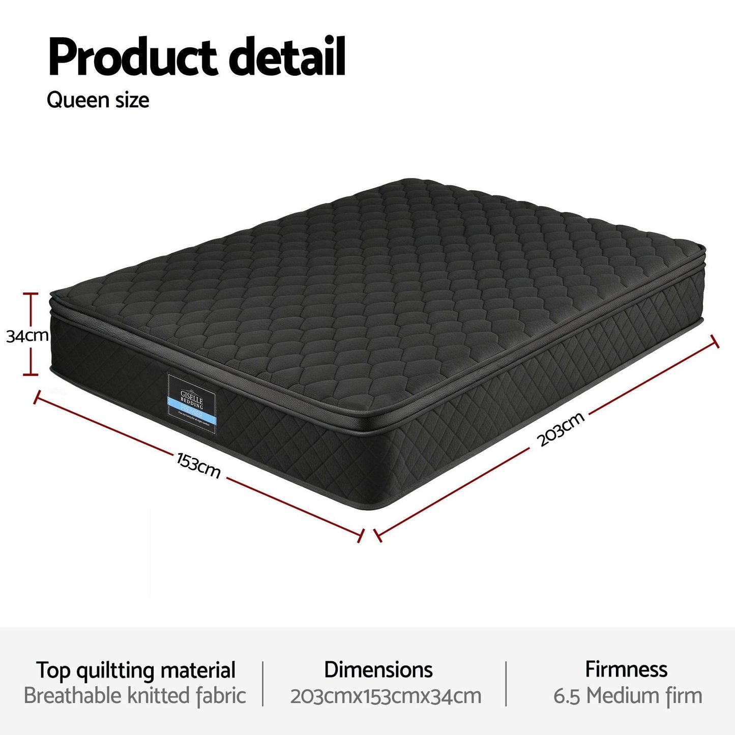 Giselle Bedding Queen Mattress 34cm Euro Top with 5-Zone Pocket Spring Support Black