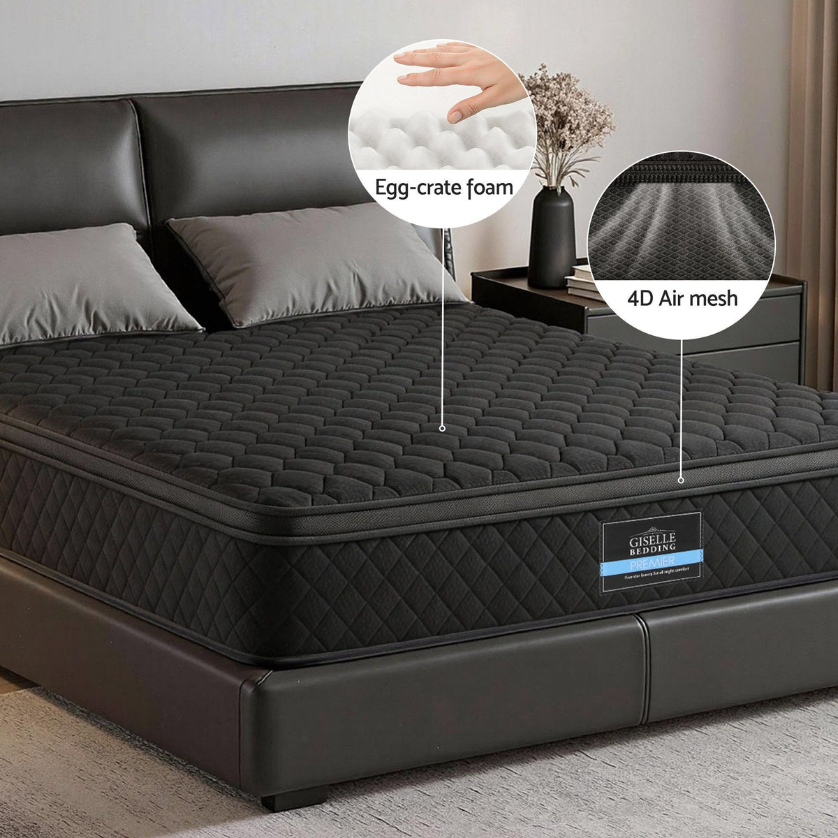 Giselle Bedding Queen Mattress 34cm Euro Top with 5-Zone Pocket Spring Support Black