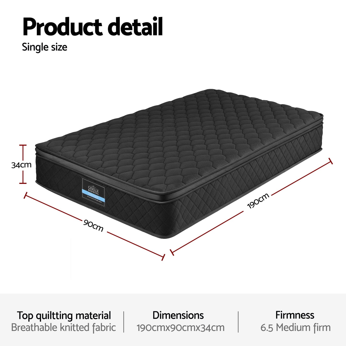 Giselle Bedding Single Mattress 34cm Euro Top with 5-Zone Pocket Spring Support Black