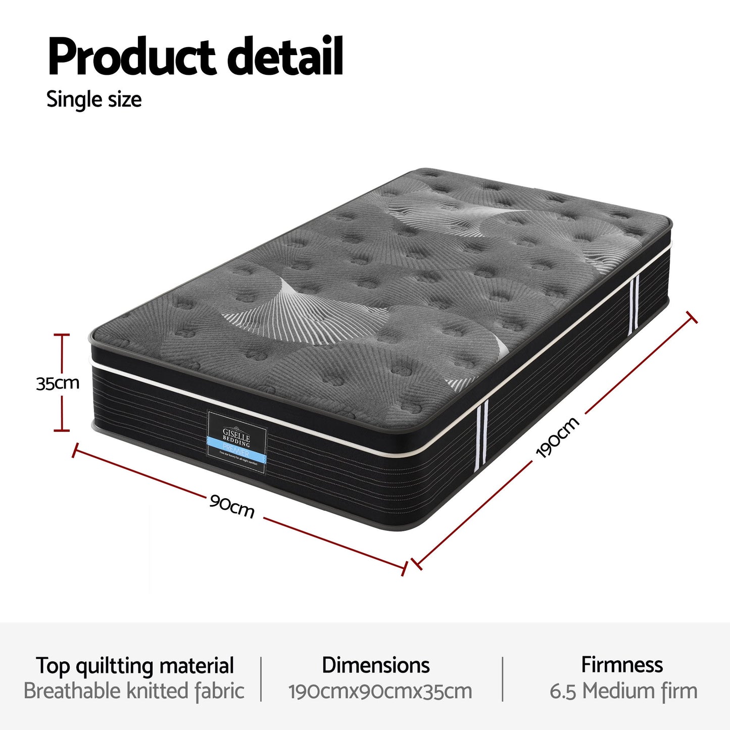 Giselle Bedding Single Mattress 35cm Euro Top with Graphene Cooling Comfort Medium Firm