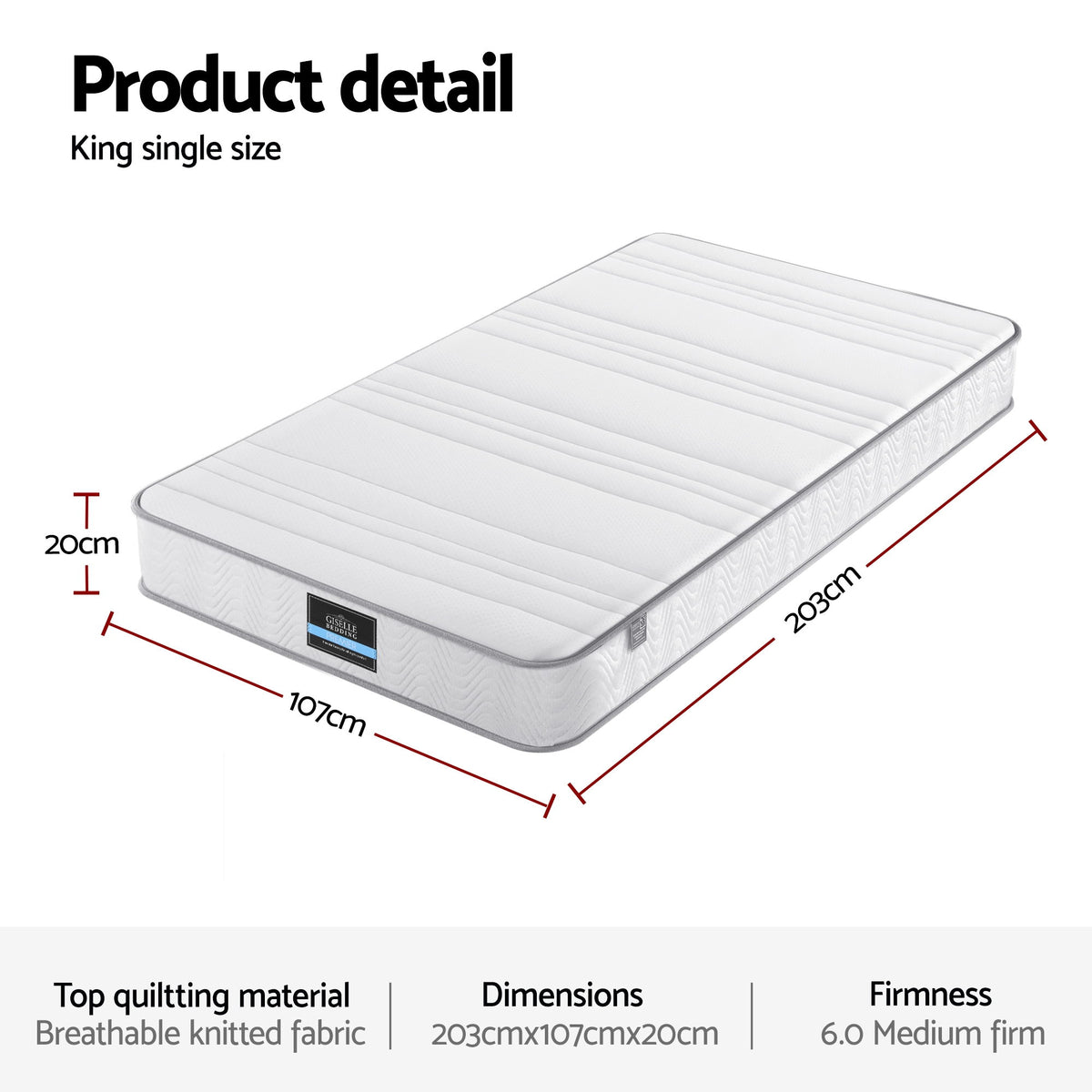 Giselle King Single Mattress 20cm with Reinforced Edge Support Egg-Crate Foam
