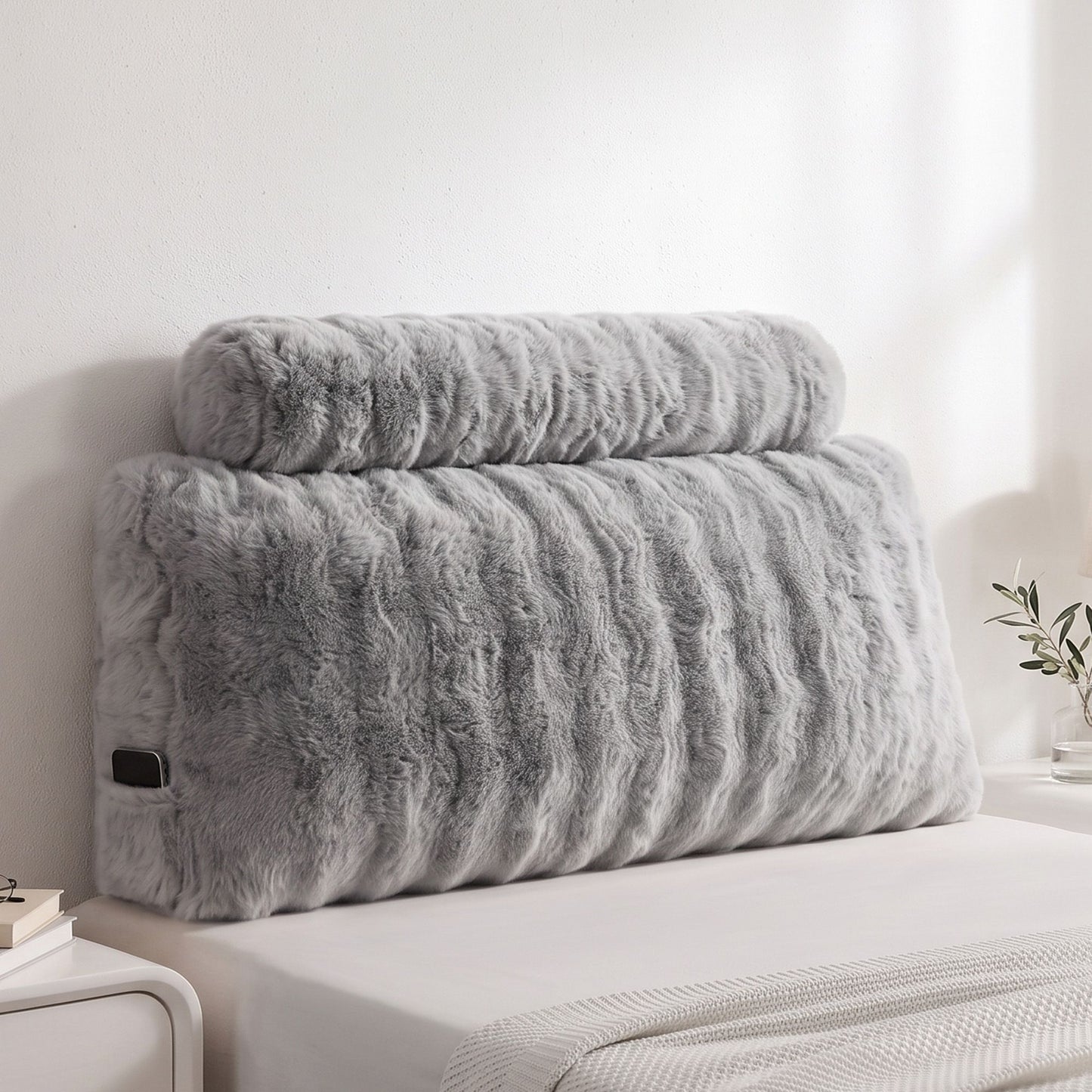 Giselle Wedge Pillow Headboard, Easy Wash Zipper Cover & Anti-Flat Foam, Couch Lumbar Support for Dorm Readers, 340g Faux Rabbit Fur with Dual Pockets, King Single