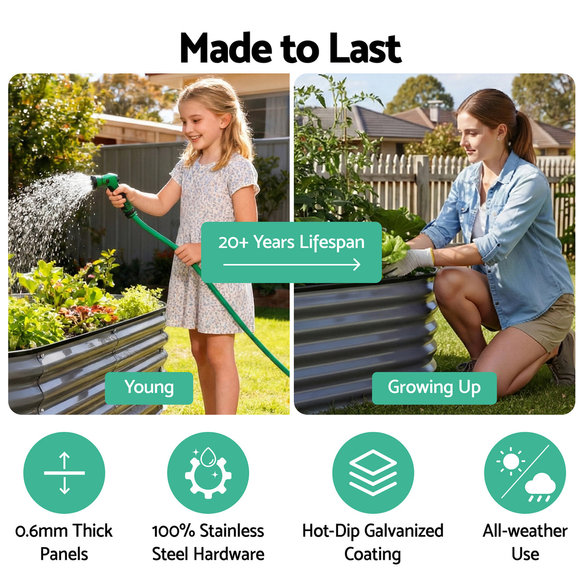 Green Fingers 3 Pcs Raised Garden Bed Kit Oval Galvanized Steel Planter Boxes 240x80x42cm, Heavy Duty Metal Elevated Garden Bed for Vegetables Flowers Herbs, with Safety Edging, Gloves & Pegs Included