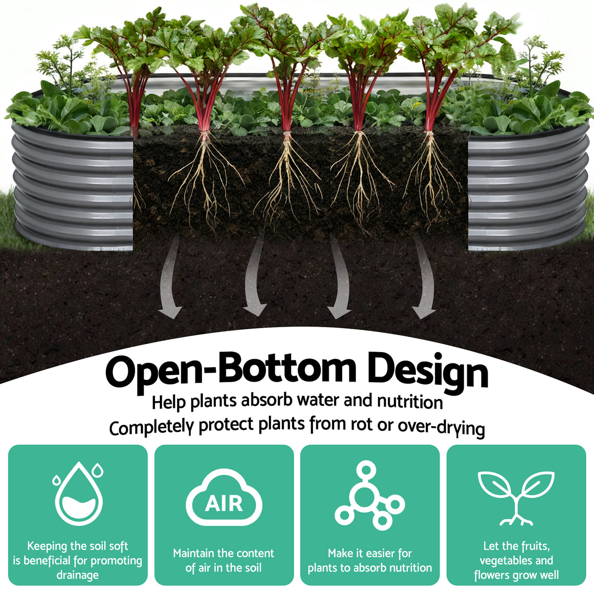 Green Fingers 3 Pcs Raised Garden Bed Kit Oval Galvanized Steel Planter Boxes 240x80x42cm, Heavy Duty Metal Elevated Garden Bed for Vegetables Flowers Herbs, with Safety Edging, Gloves & Pegs Included