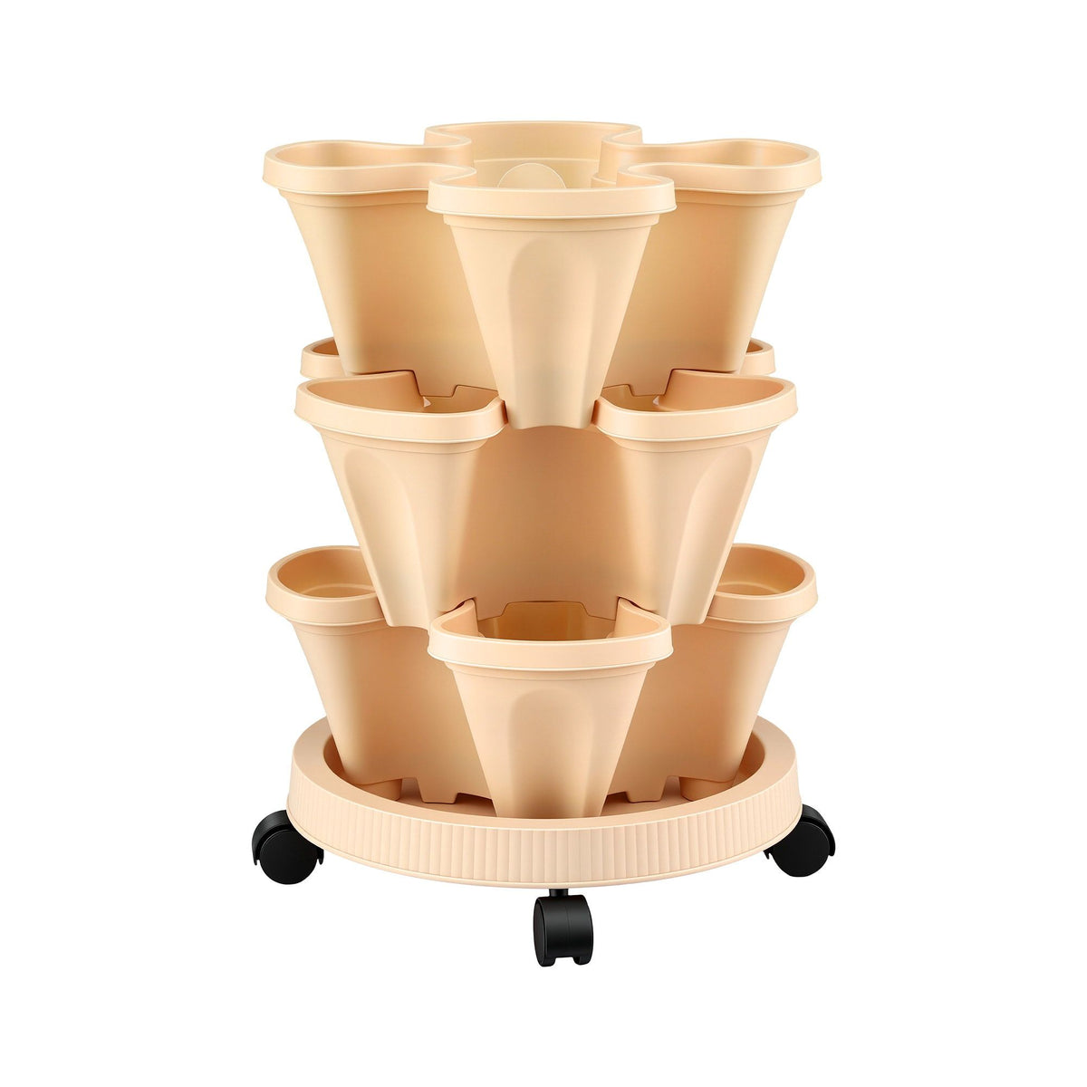 Green Fingers 3 Tier Stackable Vertical Planter Tower Strawberry Pot Wheels Beige