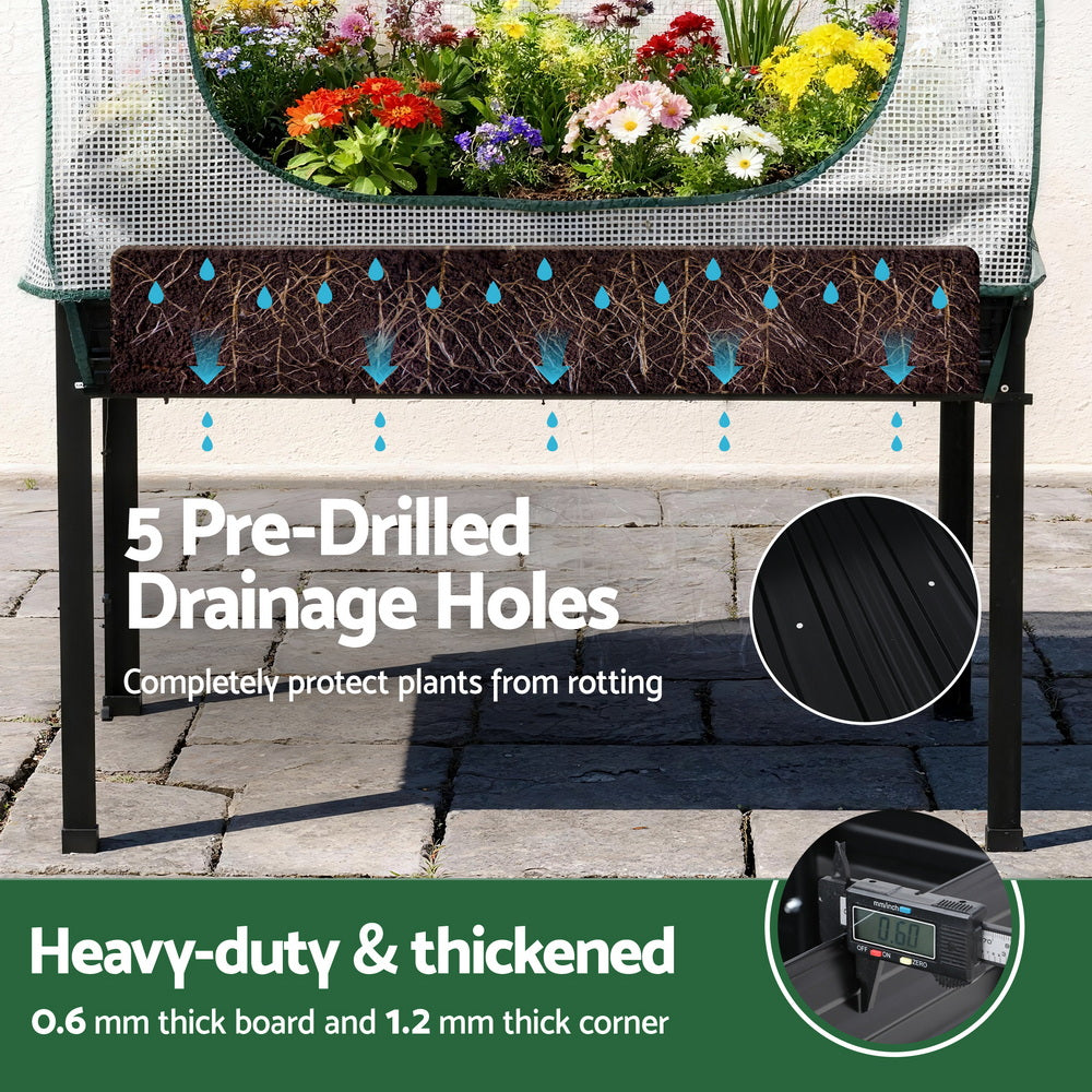Green Fingers Elevated Metal Garden Bed Kit w Mini Greenhouse Cover 116x60cm Stand-Up Height Trellis